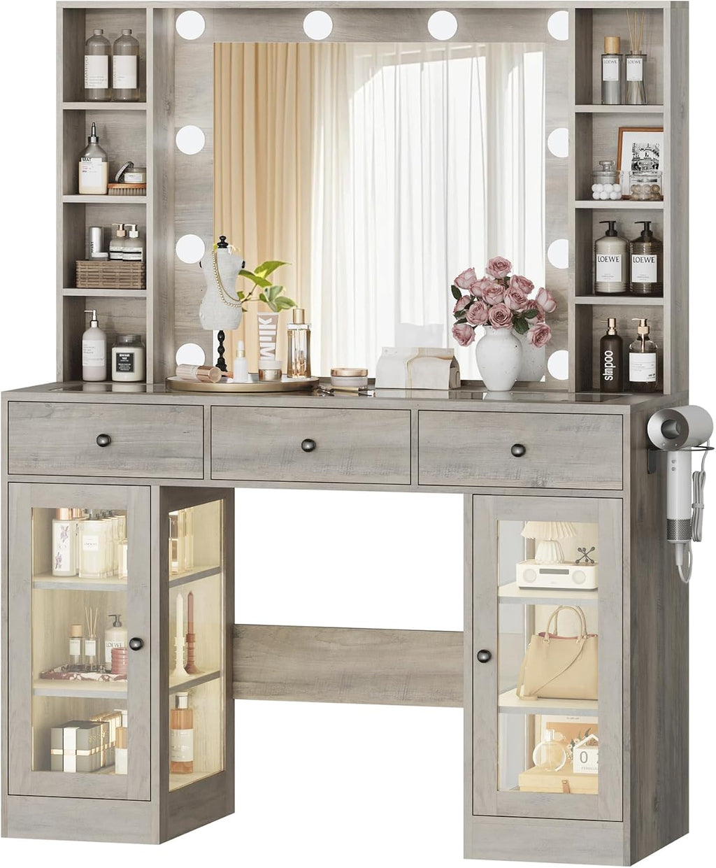 Wodeer Makeup Vanity Desk with Mirror and Lights, Grey Vanity with Glass Top, LED Lights & Power Outlet, 3 Drawers & 2 RGB Glass Cabinets, Adjustable Lighted Dressing Table for Women & Girls Bedroom