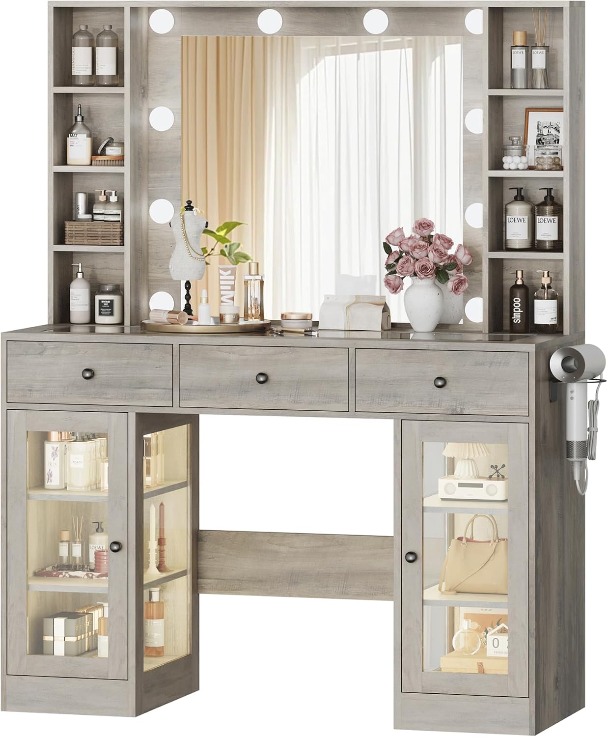 Wodeer Makeup Vanity Desk with Mirror and Lights, Grey Vanity with Glass Top, LED Lights & Power Outlet, 3 Drawers & 2 RGB Glass Cabinets, Adjustable Lighted Dressing Table for Women & Girls Bedroom