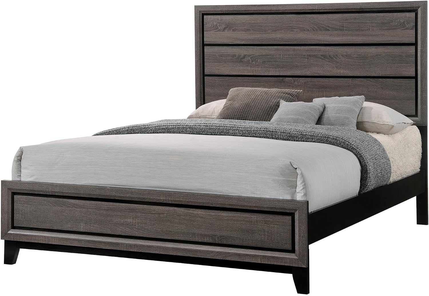 Kings Brand Furniture 3-Piece Deep Gray Finish with Tapered Legs & Matte Black Hardware Bedroom Set – Rustic Bedroom Furniture Wood Bed Frame with 2 Nightstands (Queen)
