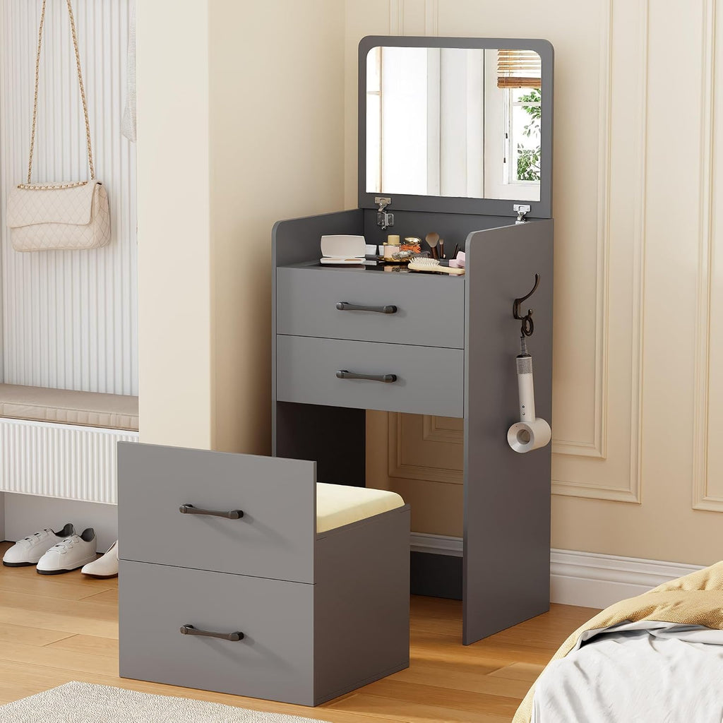 Lvifur Small 3-in-1 Vanity Desk with Mirror, Compact Makeup Table w/Cushioned Stool, Modern Grils' Dressing Table Vanity Set for Apartment, Loft, Dormitory (Grey)