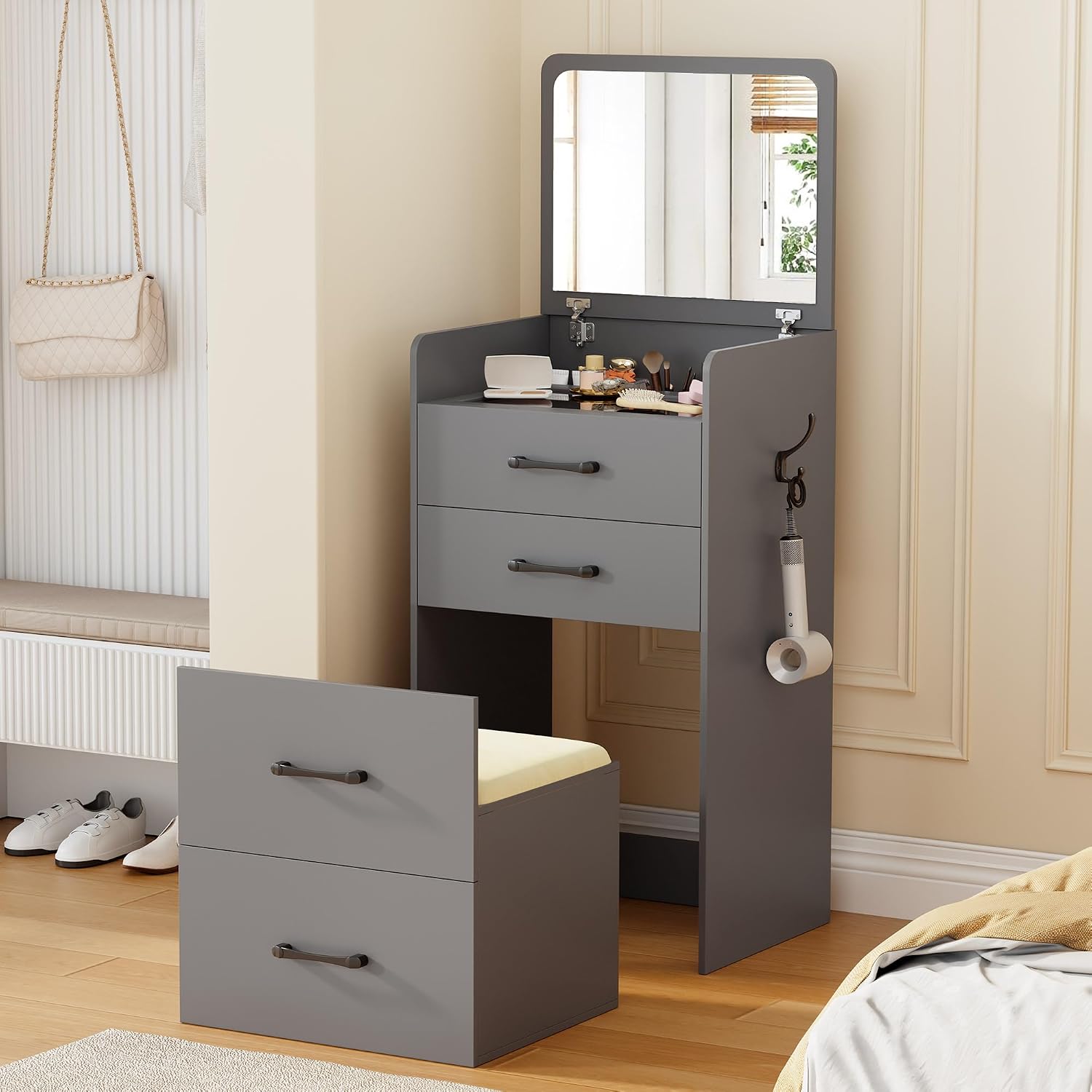 Lvifur Small 3-in-1 Vanity Desk with Mirror, Compact Makeup Table w/Cushioned Stool, Modern Grils' Dressing Table Vanity Set for Apartment, Loft, Dormitory (Grey)