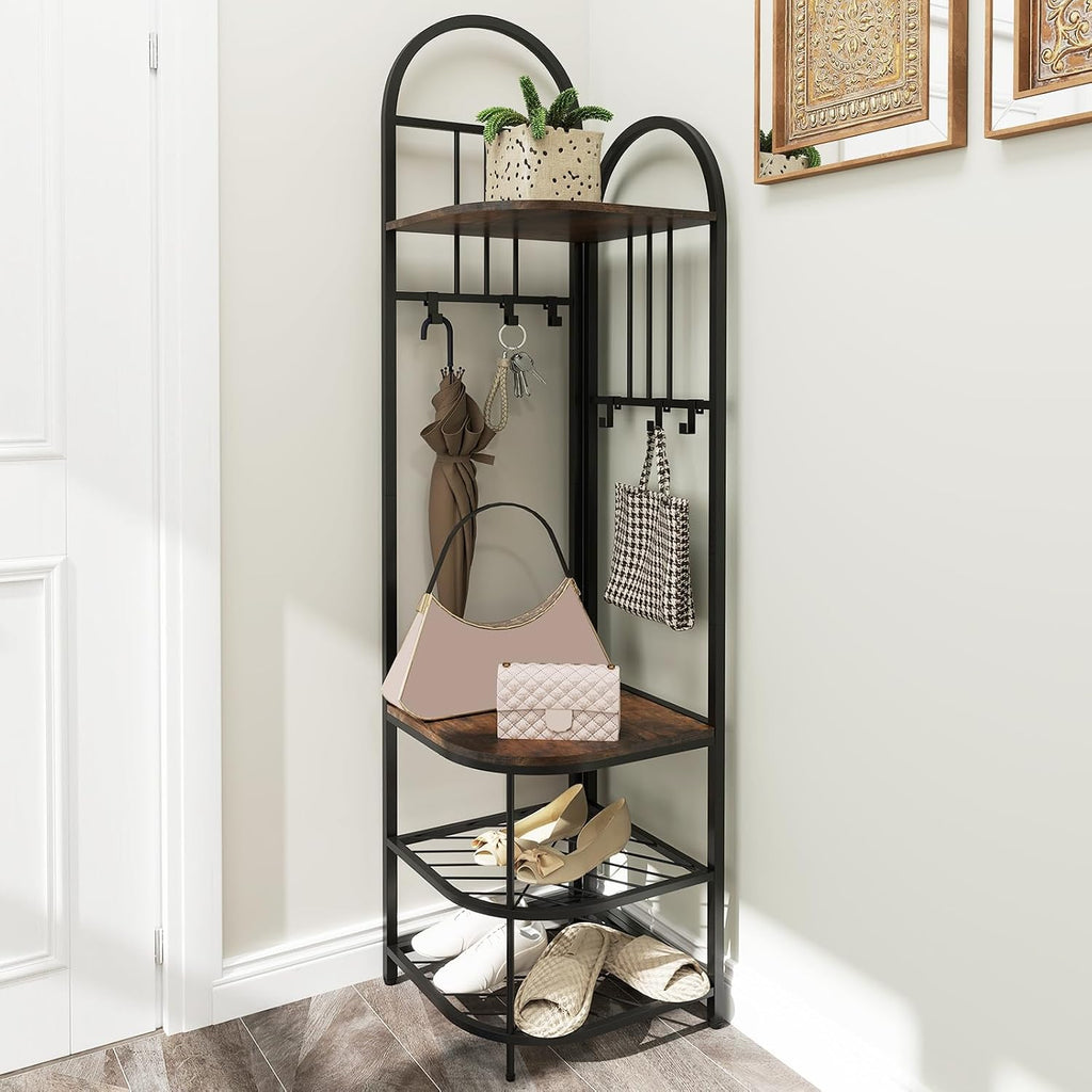 Tall 180cm Freestanding Coat Rack Stand with Shoe Bench, 6 Movable Hooks, 4-Tier Shelves, Rustic Brown & Black Corner Hall Tree nizer for Entryway Storage