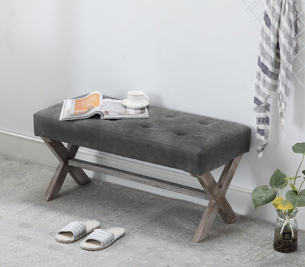 chairus PU Leather Upholstered Entryway Bench, 36 inch Bedroom Bench Seat with X-Shaped Wood Legs for Living Room, Foyer or Hallway - Gray