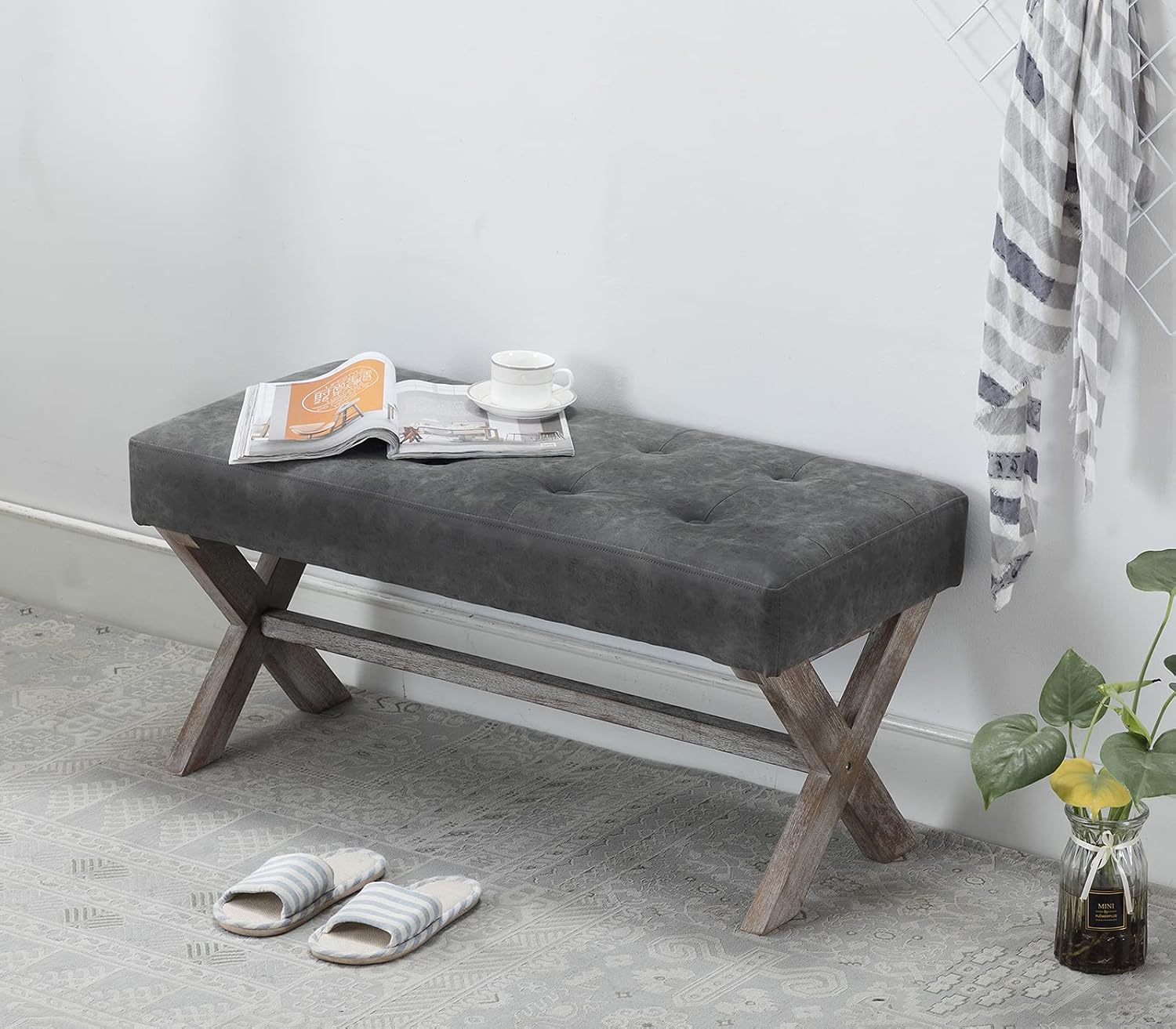 chairus PU Leather Upholstered Entryway Bench, 36 inch Bedroom Bench Seat with X-Shaped Wood Legs for Living Room, Foyer or Hallway - Gray