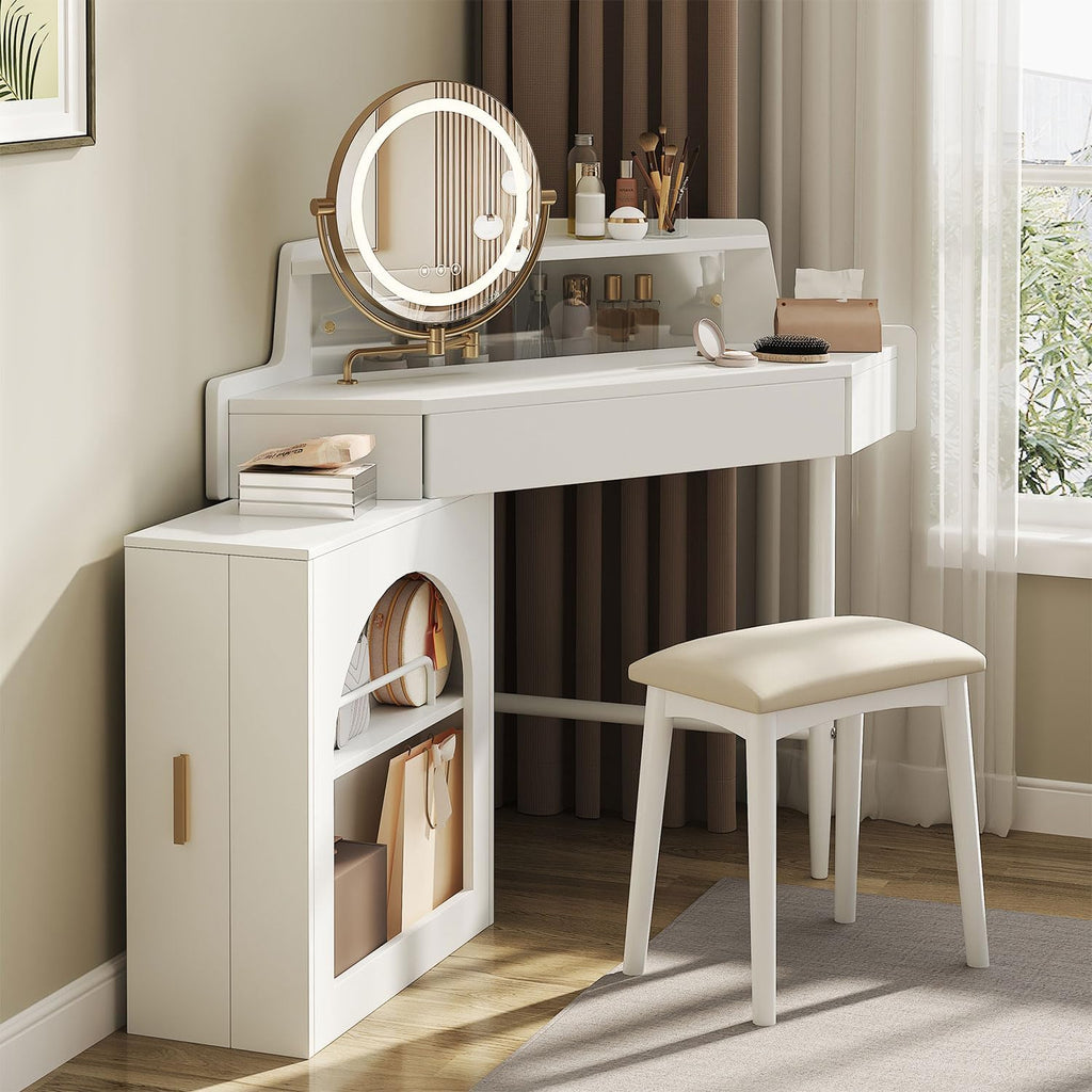 Corner Vanity Desk, Modern Vanity Set with Mirror and Stool, Bedroom Dresser LED Mirror Stepless Dimmable for Small Place, Brightness Adjustable Folding Mirror, White