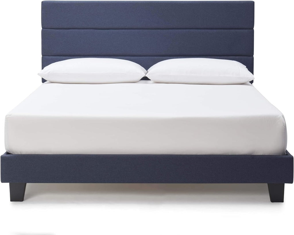 Hearth & Harbor King Bed Frame and Headboard – Linen Horizontal Channel Upholstered King Size Bed Frame, Platform Bed Frame King, Modern Bedframe with Wooden Slats, No Box Spring Needed, Navy