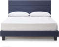 Hearth & Harbor King Bed Frame and Headboard – Linen Horizontal Channel Upholstered King Size Bed Frame, Platform Bed Frame King, Modern Bedframe with Wooden Slats, No Box Spring Needed, Navy