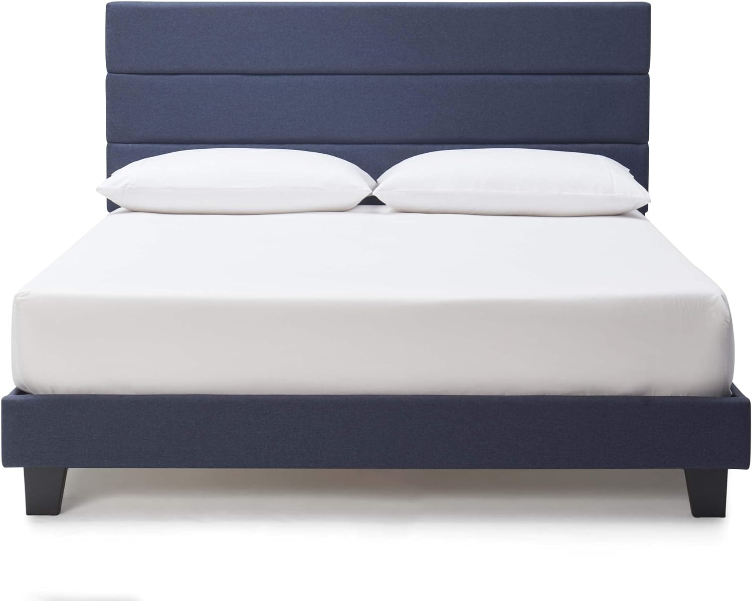 Hearth & Harbor King Bed Frame and Headboard – Linen Horizontal Channel Upholstered King Size Bed Frame, Platform Bed Frame King, Modern Bedframe with Wooden Slats, No Box Spring Needed, Navy