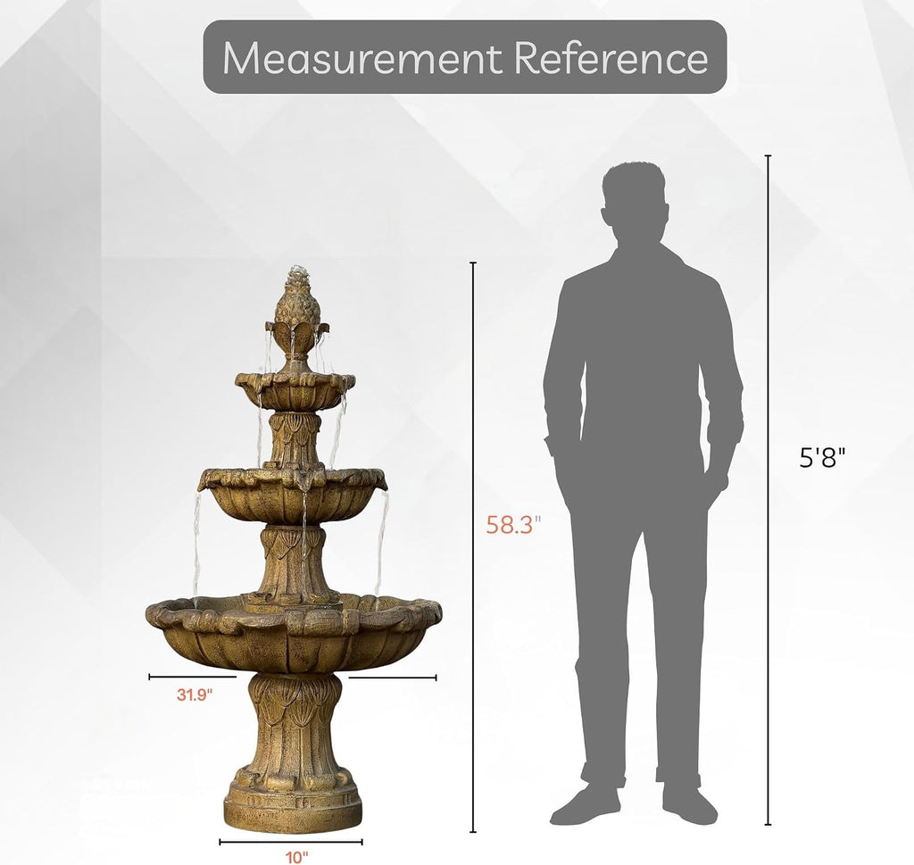 XBrand 58.3' 3-Tier Outdoor Freestanding Water Fountain - Classic Leaf Design, White Resin, Large Bird Bath with Pump - Ideal for Yard, Lawn and Garden, Porch Décor
