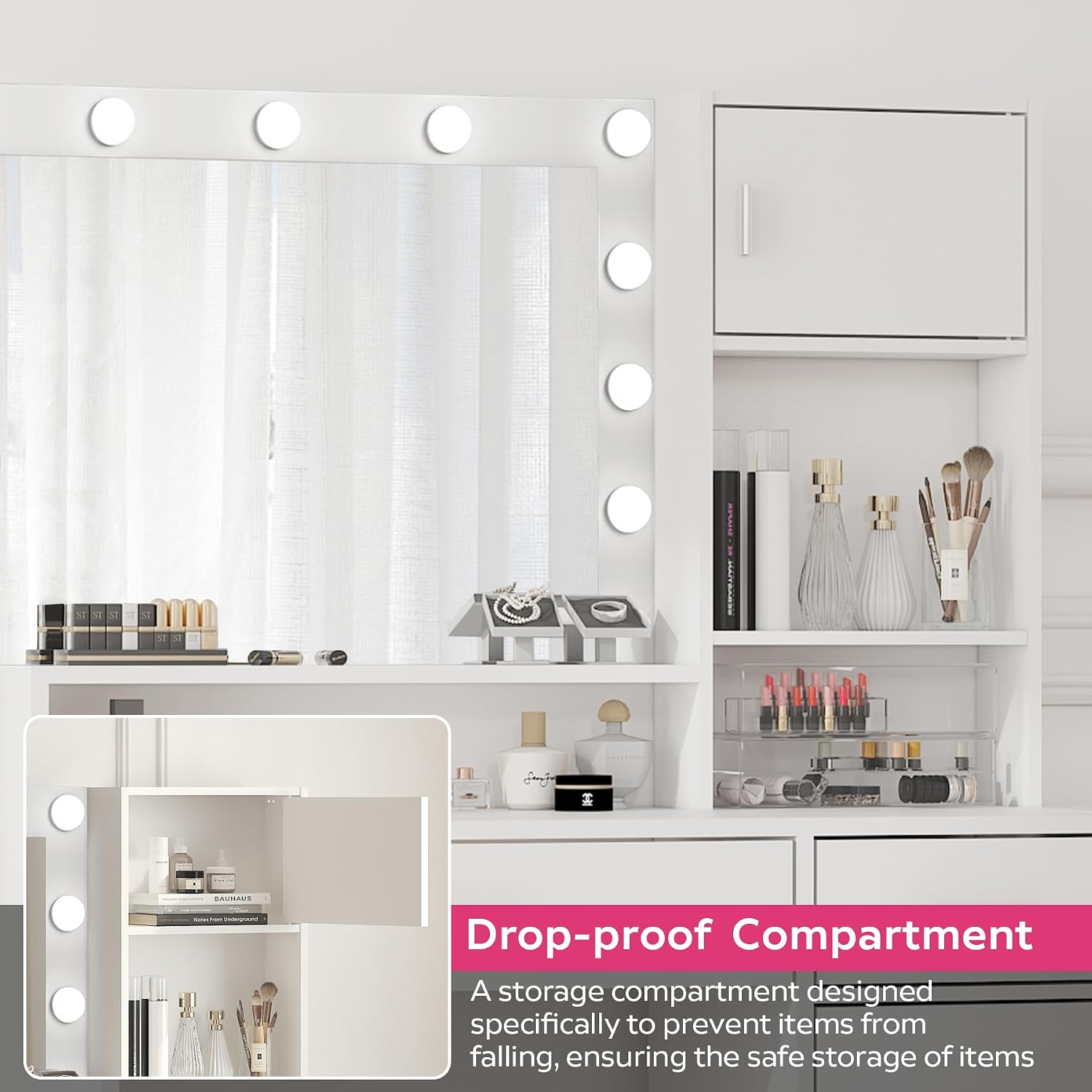MIRROTOWEL Vanity Desk with Mirror and LED Light Strip,Dressing Table with Large Drawer, 3 Level Storage Dresser & 3 Lighting Modes Adjustable Brightness, Suitable for Bedroom