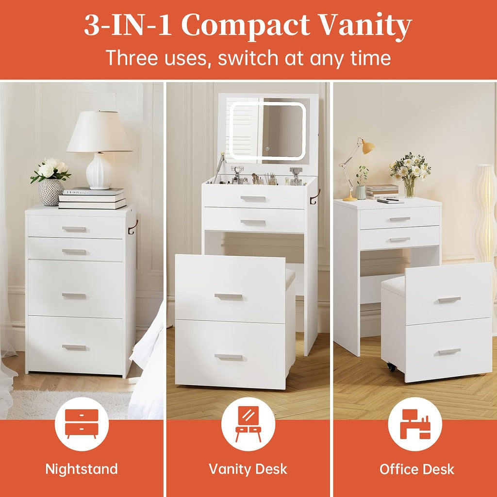 3 in 1 Vanity Desk with Flip Top Mirror, Compact Vanity with 3 Drawers, Makeup Desk with 3 Colors Lights and Storage Cushioned Stool, Dressing Table Nightstand Perfect for Bedroom, White