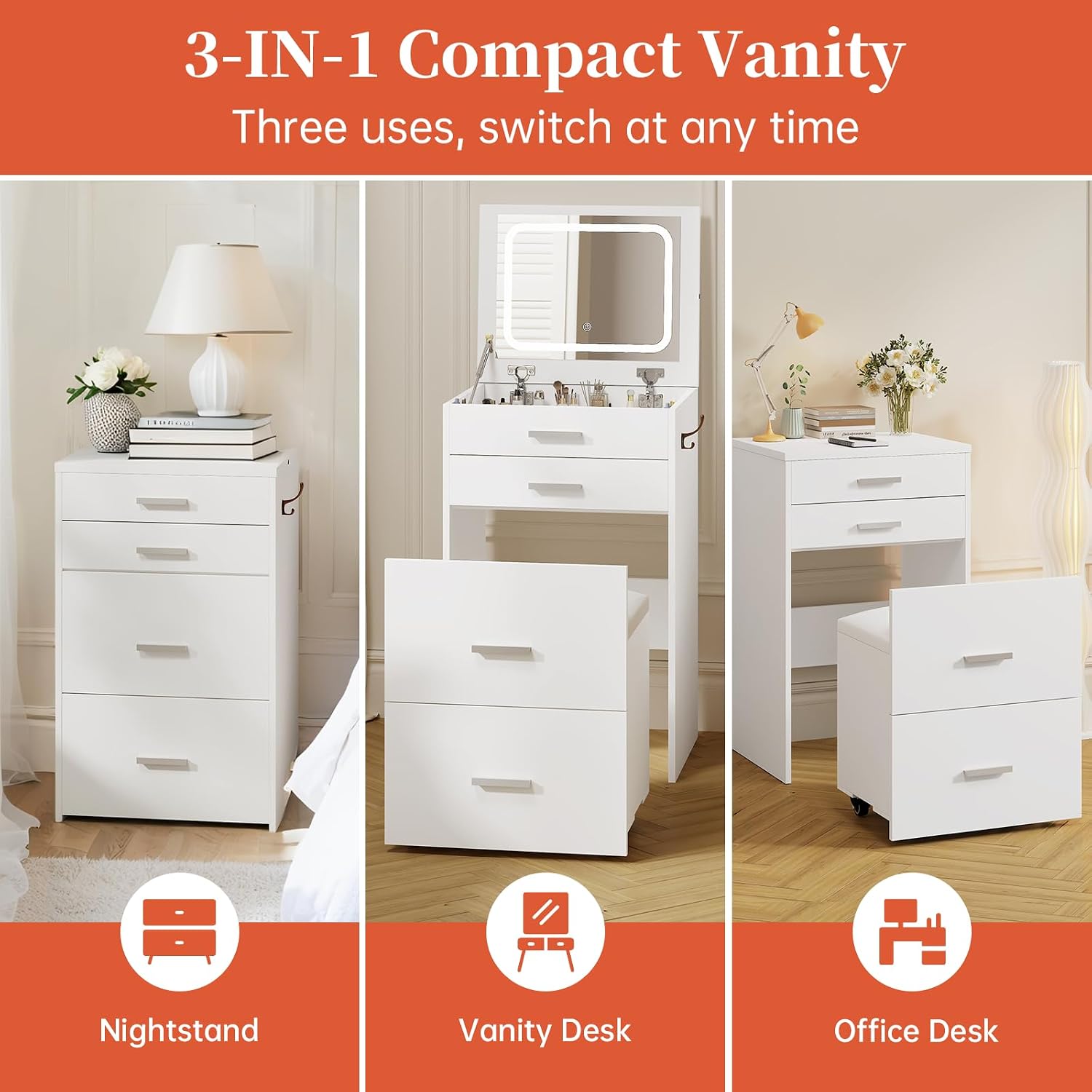 3 in 1 Vanity Desk with Flip Top Mirror, Compact Vanity with 3 Drawers, Makeup Desk with 3 Colors Lights and Storage Cushioned Stool, Dressing Table Nightstand Perfect for Bedroom, White