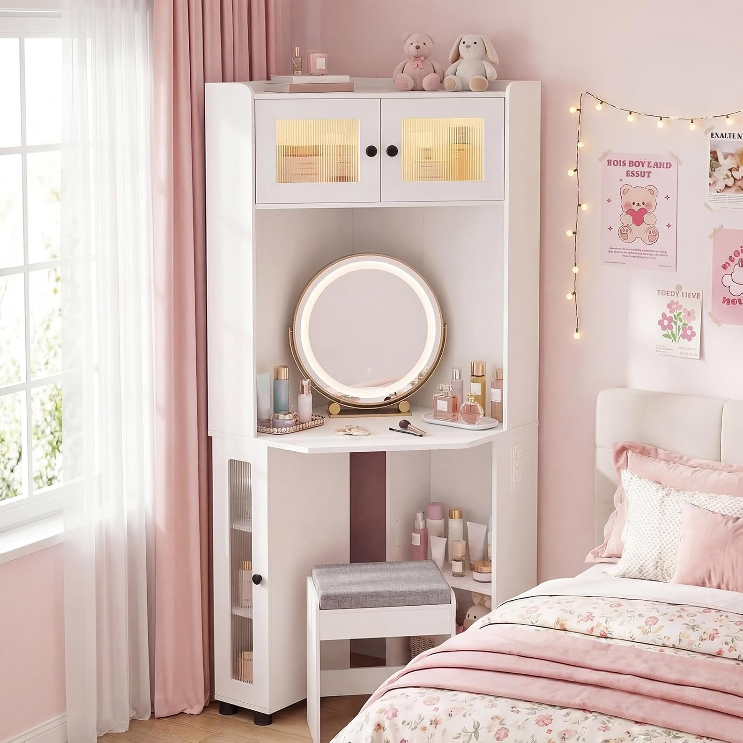 CHARMAID Corner Vanity Desk with LED Mirror & Lighted Fluted Cabinet, White Makeup Vanity Table with Charging Station, Adjustable Shelves, Space Saving Dressing Table with Stool for Small Bedroom
