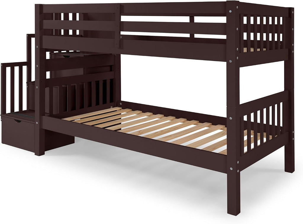Bedz King Stairway Bunk Beds Twin Over Twin, 3 Step Drawers, Dark Cherry