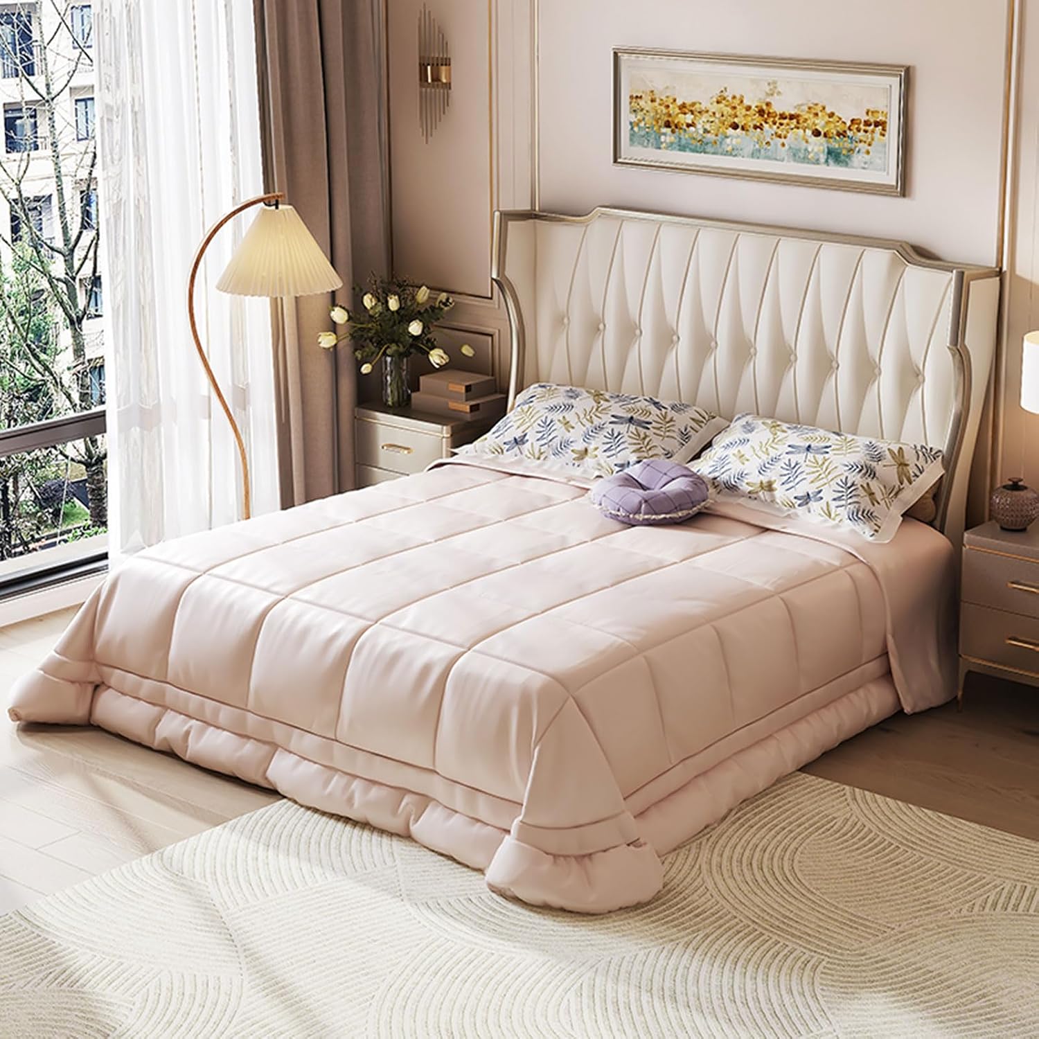 King Size Genuine Leather Bed Set with Headboard and Drawers Wooden Slats and Metal Frame Support No Box Spring Needed