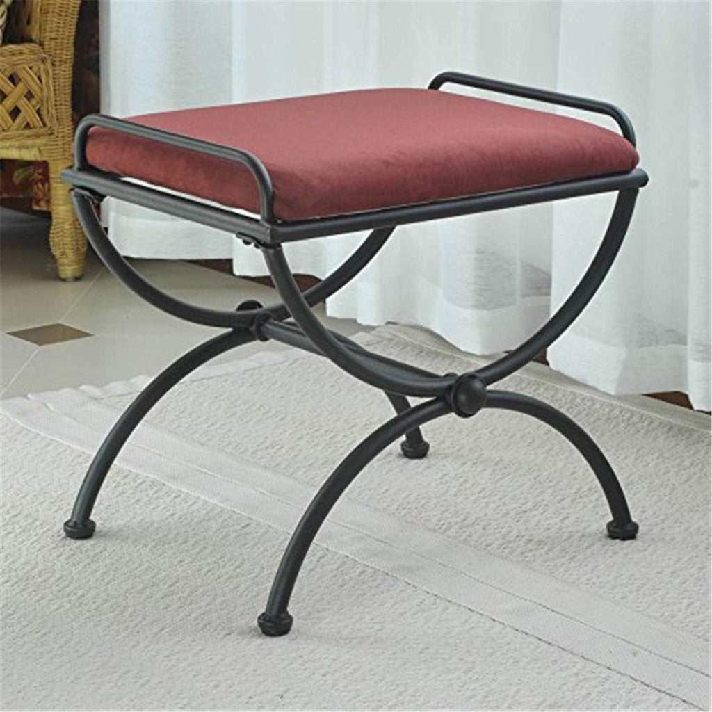 Pemberly Row Iron Vanity Bench, 17 in H x 21 in W x 16 in D, Powdercoated Frame, Red Wine Finish, Microsuede Cushion, Hand-Woven Rattan and Twill Materials, Dressing Room or Bedroom Seating