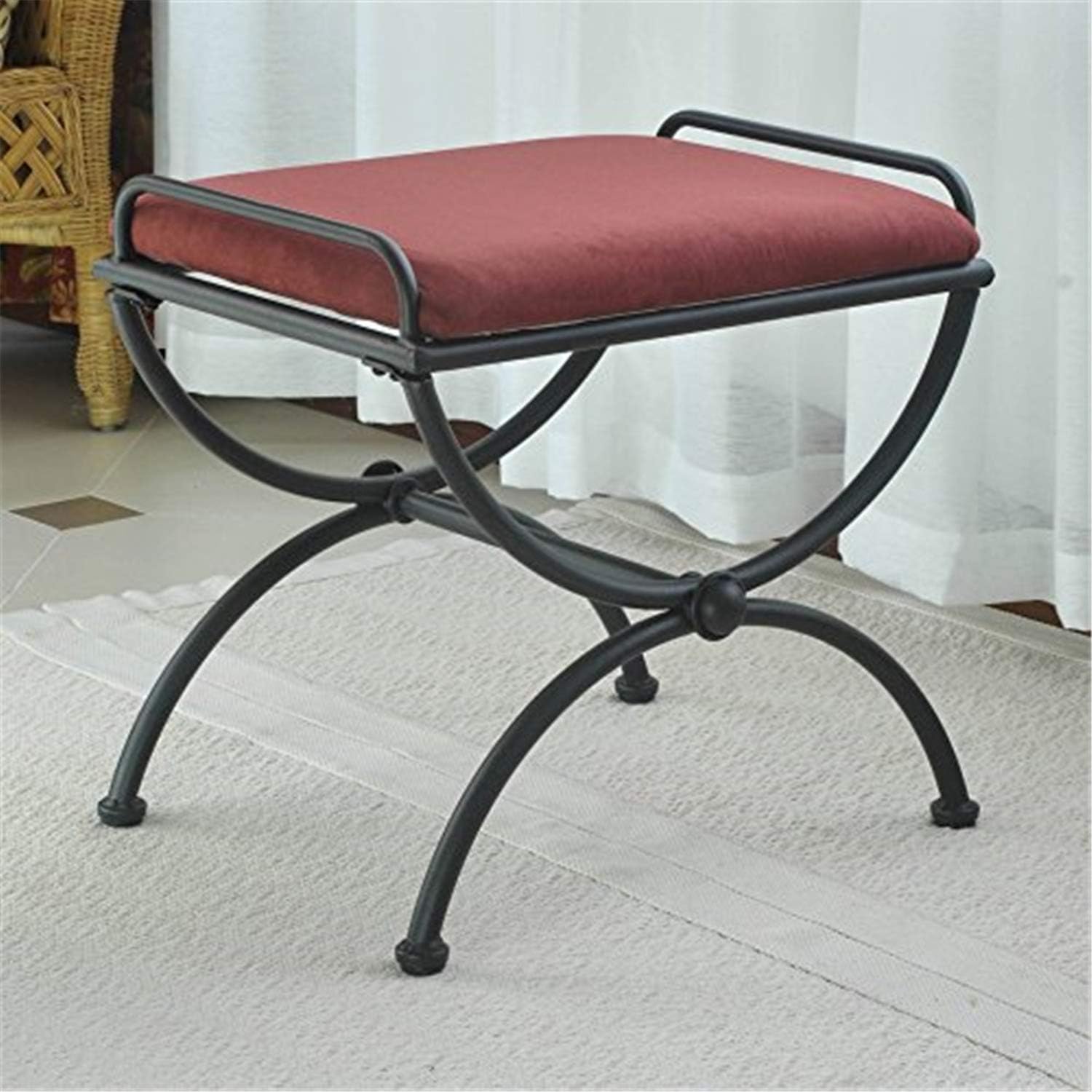 Pemberly Row Iron Vanity Bench, 17 in H x 21 in W x 16 in D, Powdercoated Frame, Red Wine Finish, Microsuede Cushion, Hand-Woven Rattan and Twill Materials, Dressing Room or Bedroom Seating