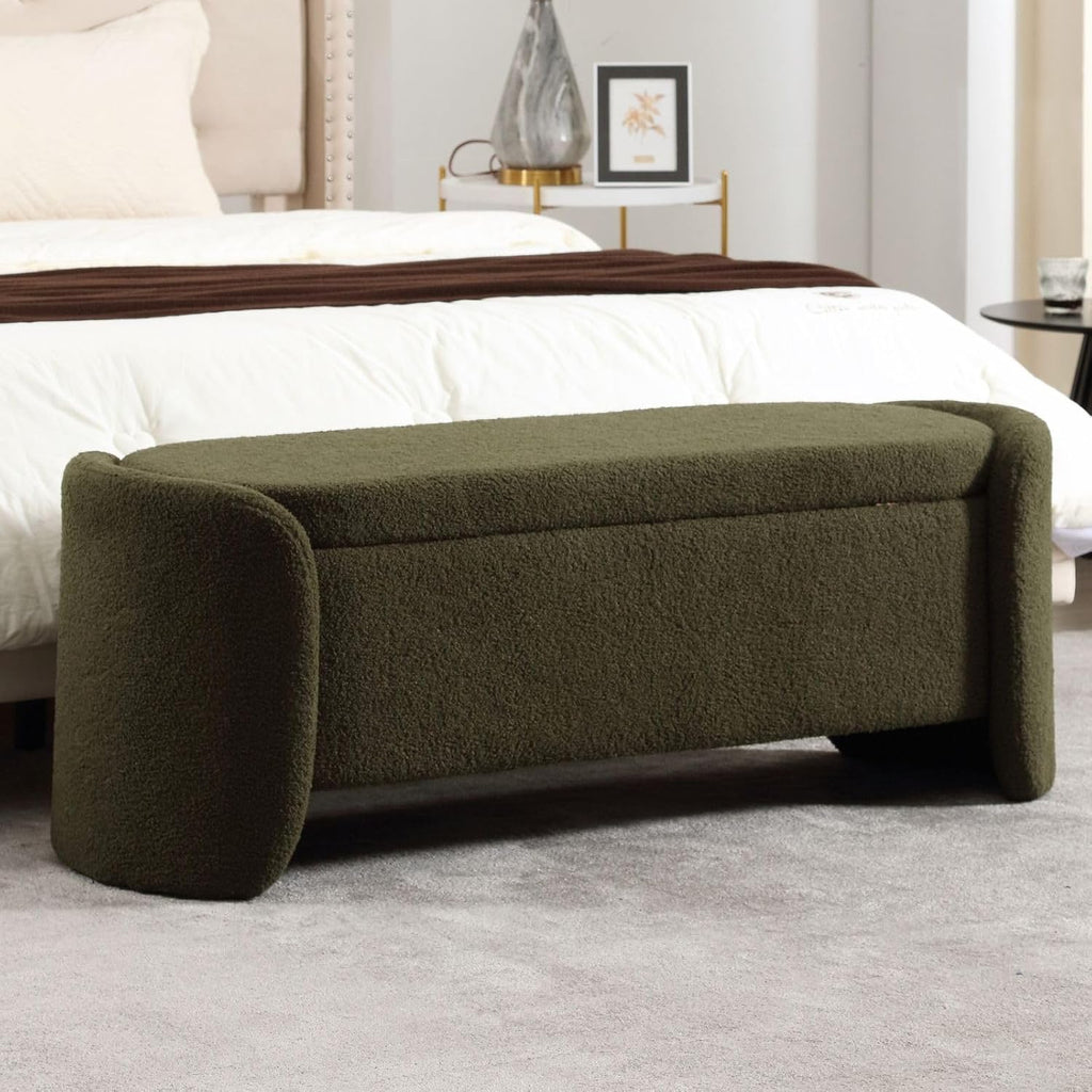 ROCTY Green Boucle Storage Bench - 50' Sherpa End of Bed Ottoman with Seating and Storage for Bedroom, Entryway, Living Room, Vanity or Makeup Room - Teddy Fabric