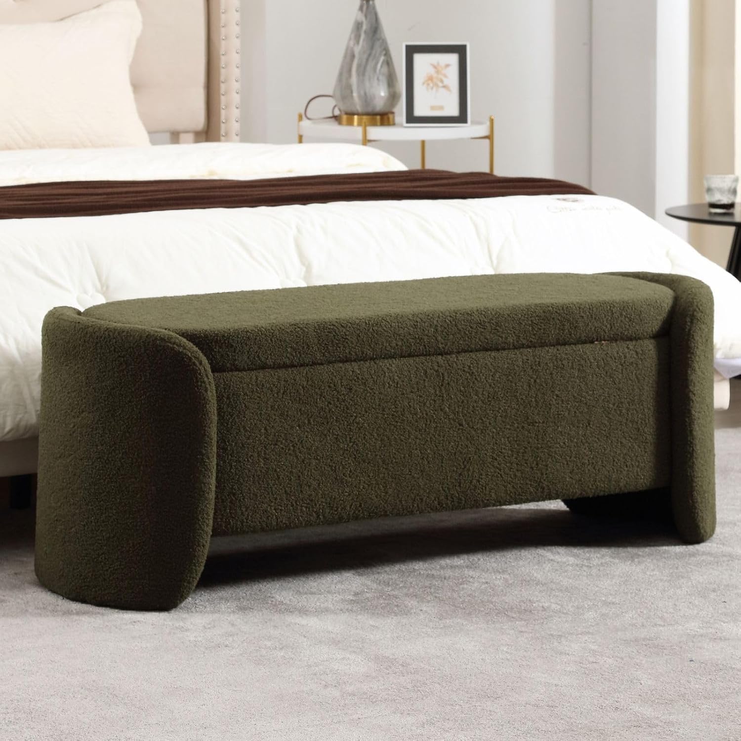 ROCTY Green Boucle Storage Bench - 50' Sherpa End of Bed Ottoman with Seating and Storage for Bedroom, Entryway, Living Room, Vanity or Makeup Room - Teddy Fabric