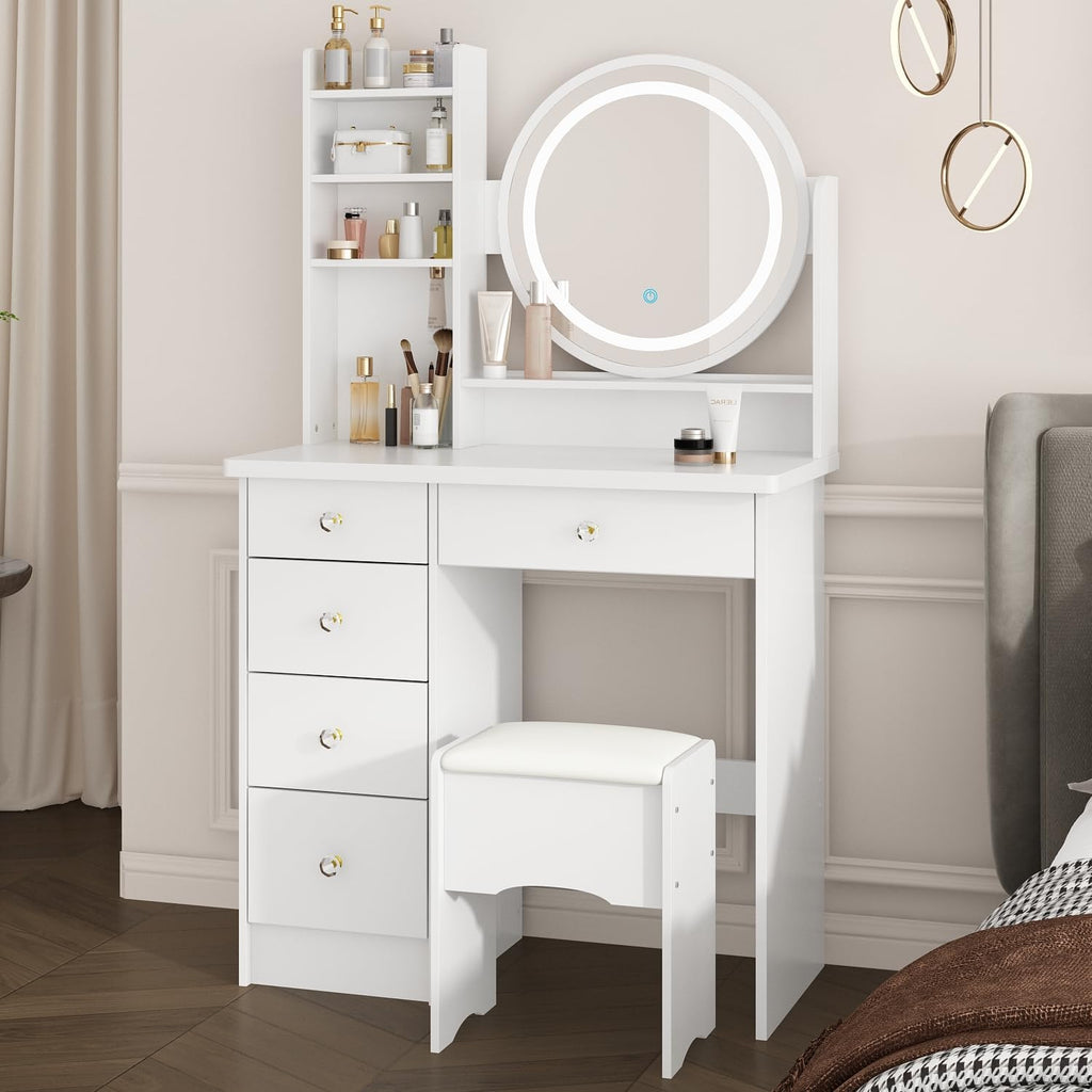 Vanity with Chair, Dressing Table with Lighted Round Mirror, 5 Drawers and Shelves, Makeup Vanity Set with Storage for Bedroom, Crystal Knobs, White, 15.7' D x 31.5' W x 53.1' H