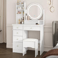 Vanity with Chair, Dressing Table with Lighted Round Mirror, 5 Drawers and Shelves, Makeup Vanity Set with Storage for Bedroom, Crystal Knobs, White, 15.7' D x 31.5' W x 53.1' H