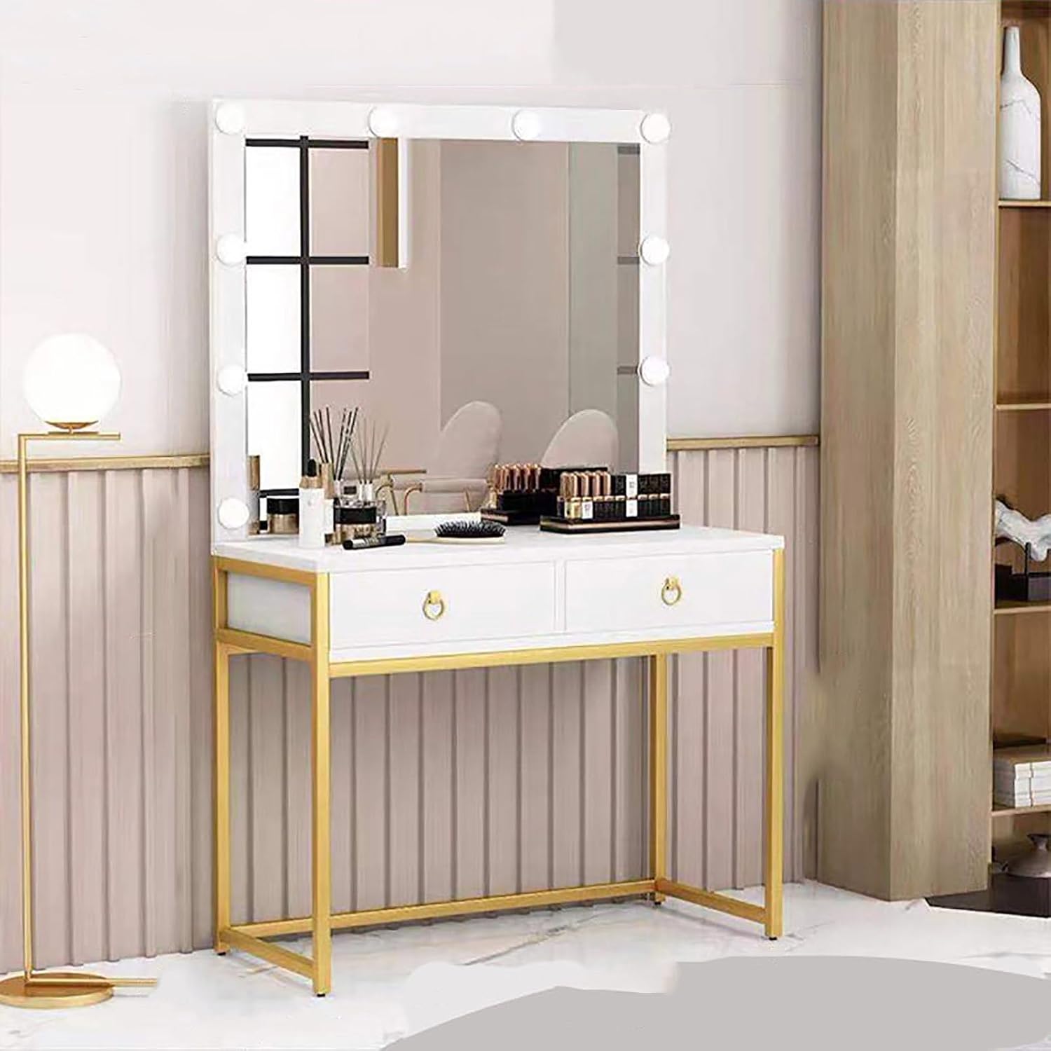 Vanity Desk with Lighted Mirror,Cosmetic Bedroom Dresser Make Up Desk,Vanities Benches Table Set with Large Tabletop,Free Make-up Organizer (Color : Platinum, Size : 100cm)