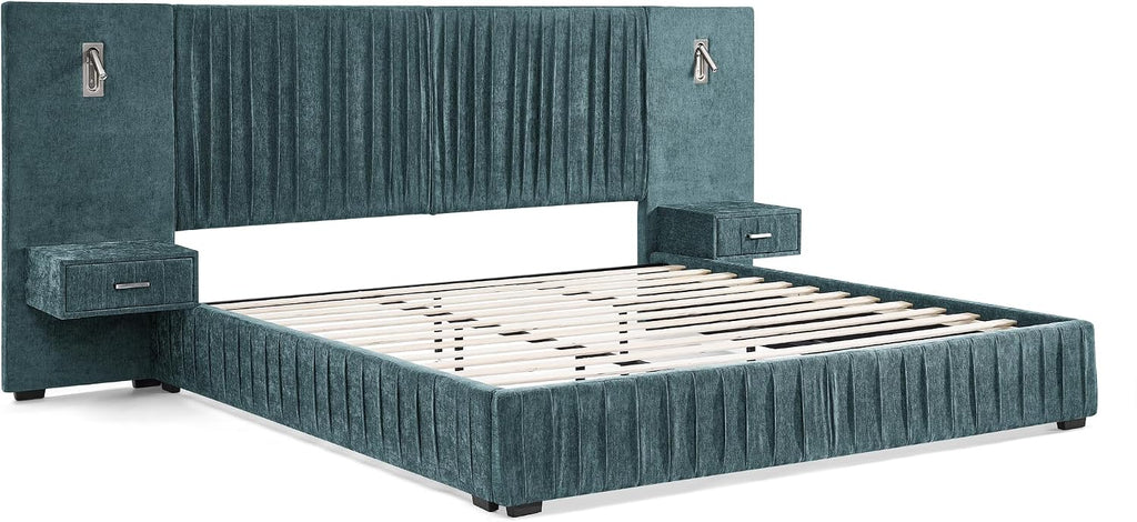 King Size Upholstered Platform Bed Frame with Headboard & Built-in Nightstand, Luxury Bed Frame for Modern Bedroom Sets, No Box Spring Needed, Stable & Adjustable Lighting(Blue-Green)