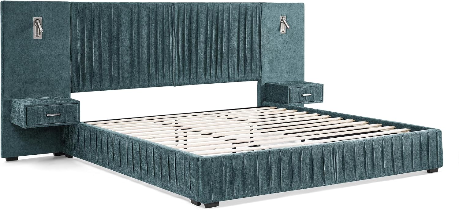 King Size Upholstered Platform Bed Frame with Headboard & Built-in Nightstand, Luxury Bed Frame for Modern Bedroom Sets, No Box Spring Needed, Stable & Adjustable Lighting(Blue-Green)