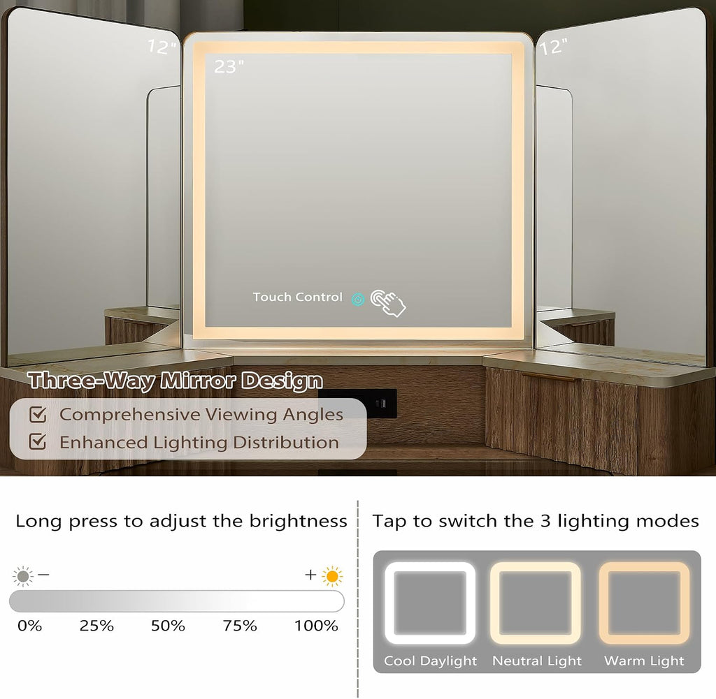 T4TREAM Fluted Makeup Vanity Desk with 3 Way Mirror and Lights, 48' Large Corner Vanity Table with Glass Top, Charging Station, 3 Drawers, Storage Cabinets & Shelves, for Bedroom, Natural Oak