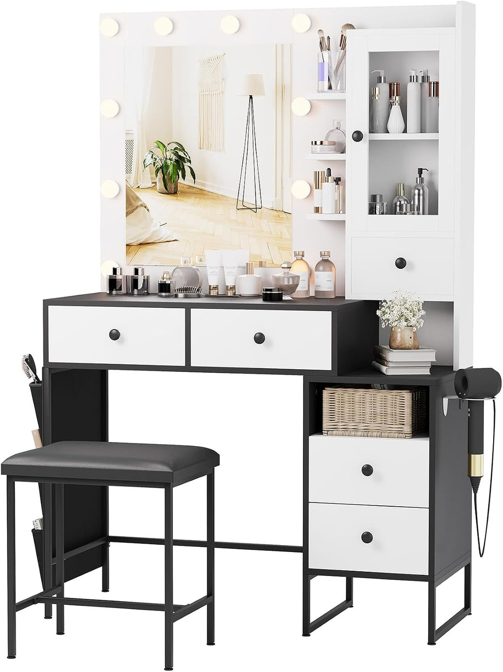 YIKEHOME Small Vanity Desk with Mirror and Lights, Girl Vanity Set with 3-Colour Light and Stool, Makeup Table with Drawers & Cabinet for Bedroom, White (005 White & Black, Large)