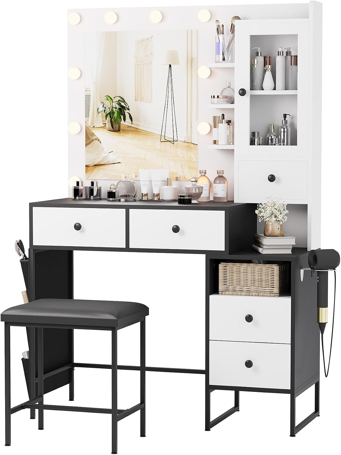 YIKEHOME Small Vanity Desk with Mirror and Lights, Girl Vanity Set with 3-Colour Light and Stool, Makeup Table with Drawers & Cabinet for Bedroom, White (005 White & Black, Large)