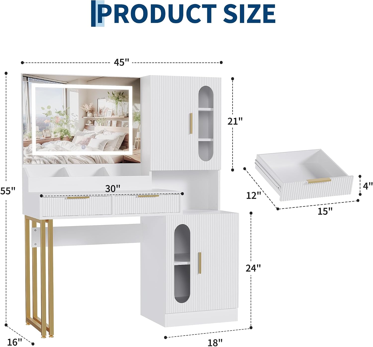 Garvee Fluted Vanity with Mirror and Lights, Wooden Vanity Desk, Makeup Table with Charging Station, Drawers & Storage Cabinets, White