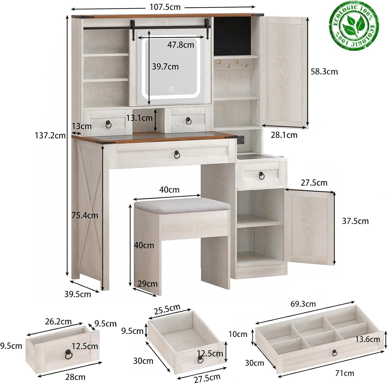 Farmhouse Makeup Vanity Desk with Sliding Mirror and Lights, 42 Wood Vanity Table Set with Glass Top, Power Outlets, Jewelry Storage Cabinet, 4 Drawers, Stool for Country Room Decor, Antique White