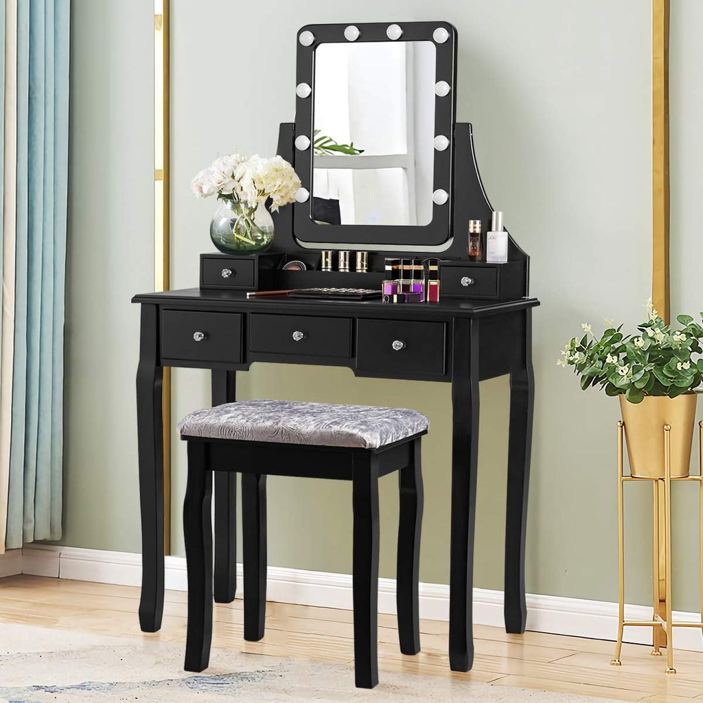 DORTALA Vanity Table Set w/ 360-Degree Rectangular Mirror & Cushioned Stool, Makeup Table w/ 10 LED Dimmable Bulbs, Bedroom Wood Dressing Table w/ 5 Drawers & Removable Box Organizer, Black