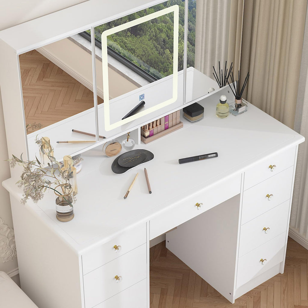Timechee Vanity Mirror with Lights, Corner Vanity Desk with 9 Storage Drawers, 4 Large Shelves, 3 Color Lighting Options, Vanity Mirror Desk, Makeup Vanity Set for Bedroom, White