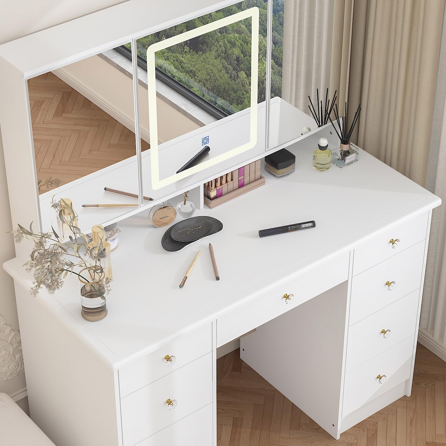 Timechee Vanity Mirror with Lights, Corner Vanity Desk with 9 Storage Drawers, 4 Large Shelves, 3 Color Lighting Options, Vanity Mirror Desk, Makeup Vanity Set for Bedroom, White