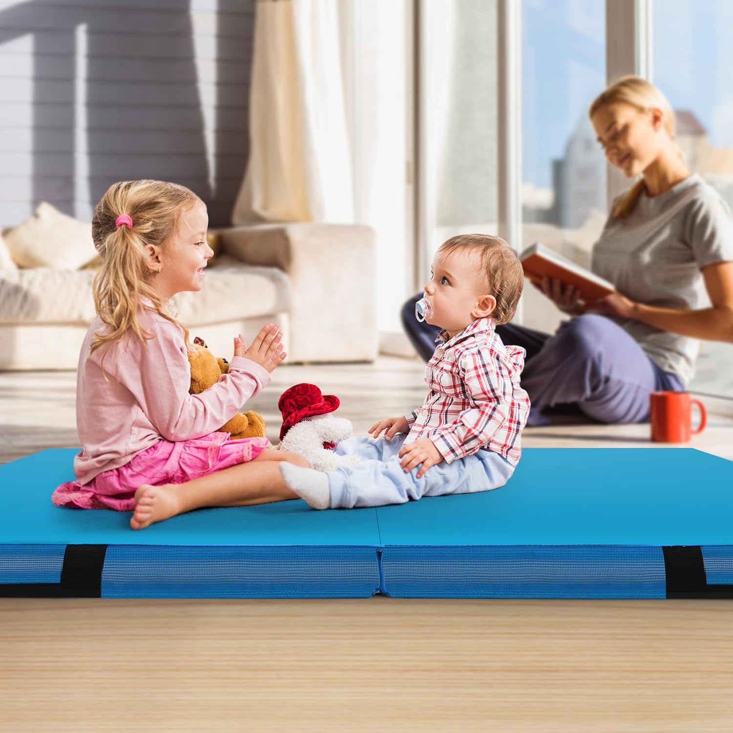 Goplus 4' Thick Folding Gymnastic Mat, Thickened Bi-Fold Fitness Mat with Carrying Handles & PU Leather Cover, Home Gym Tumbling Mat for Stretching, Pilates, Aerobics Workouts