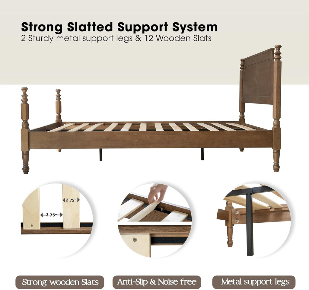 Solid Wood Queen Size Bed Frame with Headboard & Footboard, 12 Strong Slats, Center Metal Legs, Anti-Slip & Noise-Free Design, No Box Spring Needed, Quick Assemble, Barnwood Finish, ROQ-30