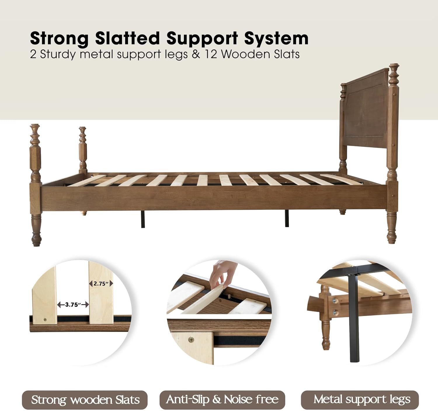 Solid Wood Queen Size Bed Frame with Headboard & Footboard, 12 Strong Slats, Center Metal Legs, Anti-Slip & Noise-Free Design, No Box Spring Needed, Quick Assemble, Barnwood Finish, ROQ-30