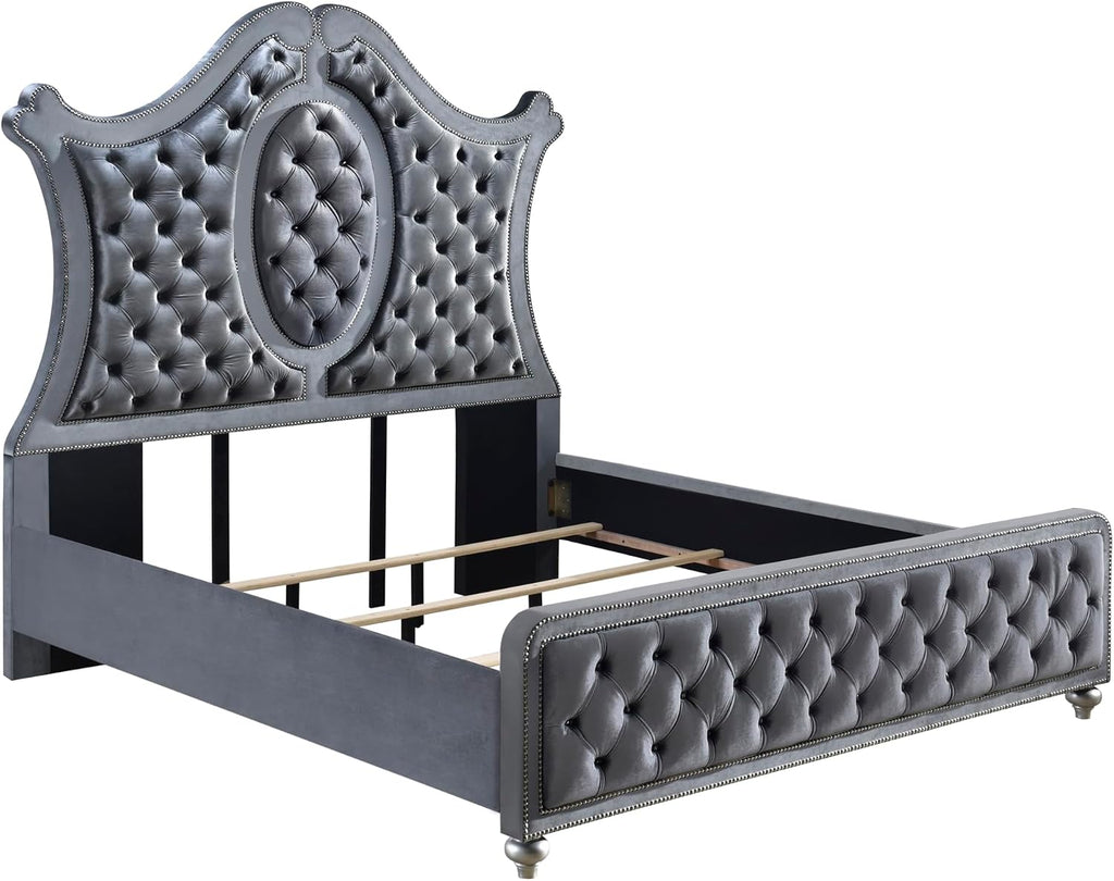5pc Traditinal Gray Finish Luxury Upholstered King Size Panel Bed Set Arched Headboard Bedroom Furniture
