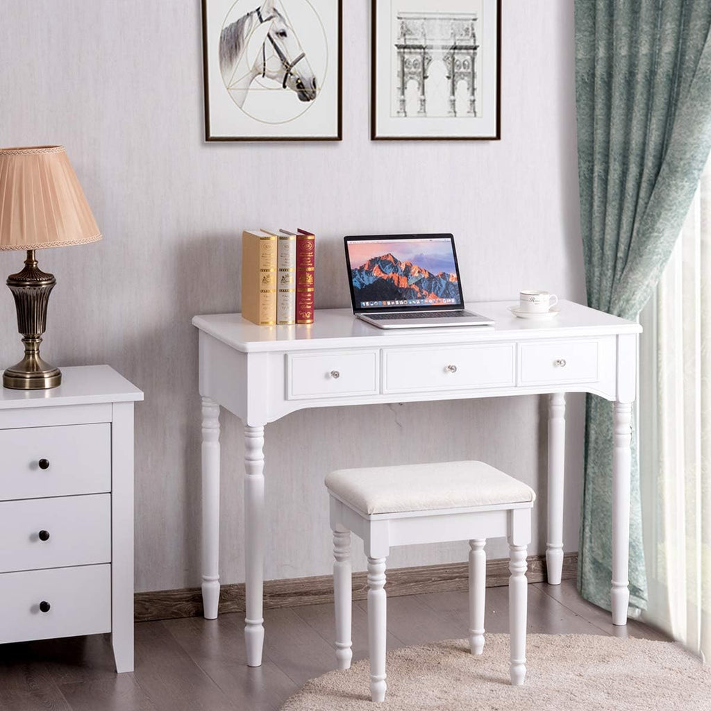 DORTALA Makeup Vanity Table Set w/ 7 Drawers, Removable Tri-Folding Mirror w/ 8 Jewelry Necklace Hooks, Dressing Table w/Open Storage Box & Cushioned Stool, Solid Wood Legs,White