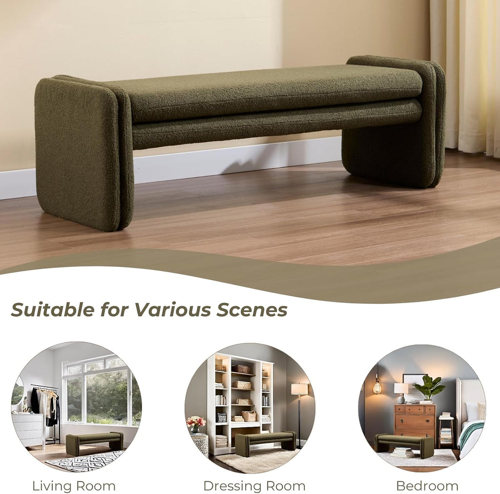 ROCITY Green Boucle Bench 50' Sherpa End of Bed Bench Modern Upholstered Bench for Bedroom Entryway Living Room Vanity Makeup Room, Teddy Fabric Bench with Seating