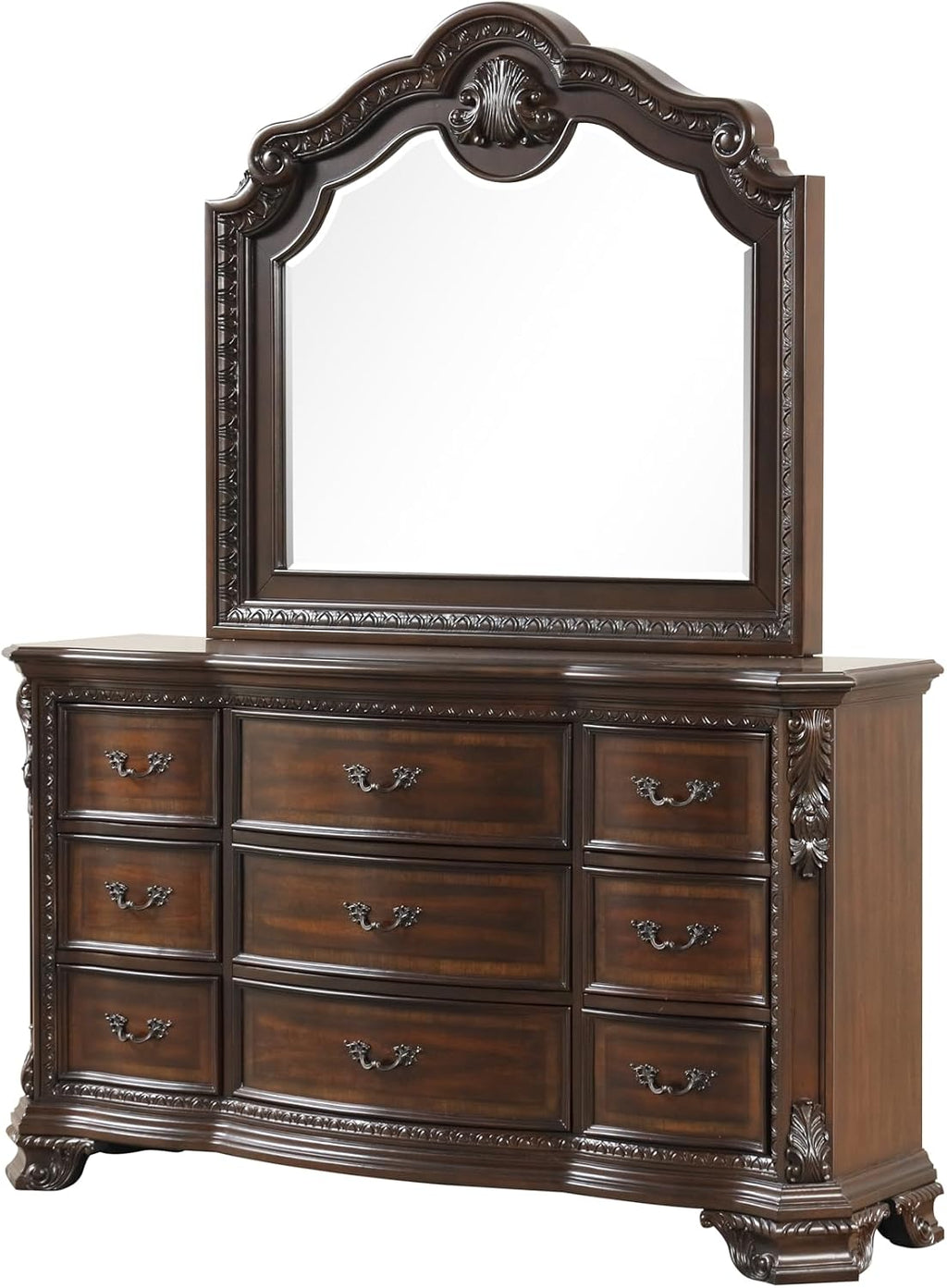 Traditional Style 5 Pc King Bedroom Set with Intricate Wood Carvings Made with Wood in Walnut