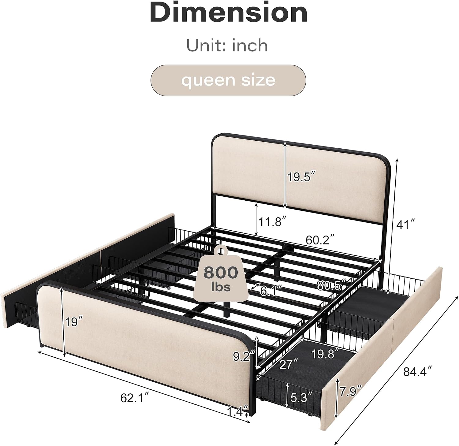 Queen Metal Platform Bed with 4 Under Bed Drawers, Modern Minimalist Linen Upholstered Bed Frame with Headboard & Footboard, Squeak-Free, No Box Spring Needed, Easy Assembly, Cream Beige
