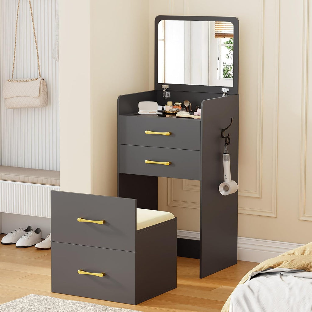 Lvifur Small 3-in-1 Vanity Desk with Mirror, Compact Makeup Table w/Cushioned Stool, Modern Dressing Table Vanity Set for Apartment, Loft, Dormitory (Black)