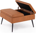 Square Ottoman with Storage, Large Oversized Ottoman Coffee Table, Double Flipping Lid & Mid-Century Modern & Faux Leather Style, Loads 660 lb, for Living Room, Bedroom, Entryway, Cognac Brown