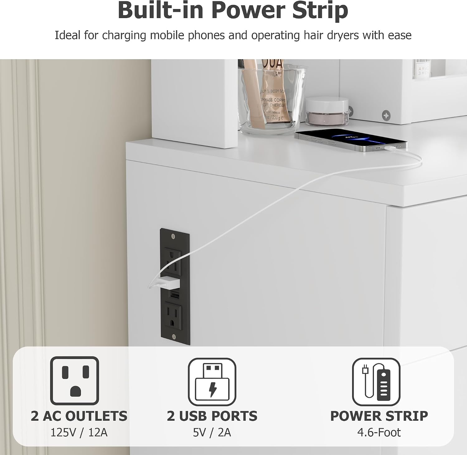 GarveeHome Makeup Vanity Desk with Mirror and Lights, Vanity Table Set with Drawer & Power Outlet & Chair & 3 Shelves, Bedroom, White
