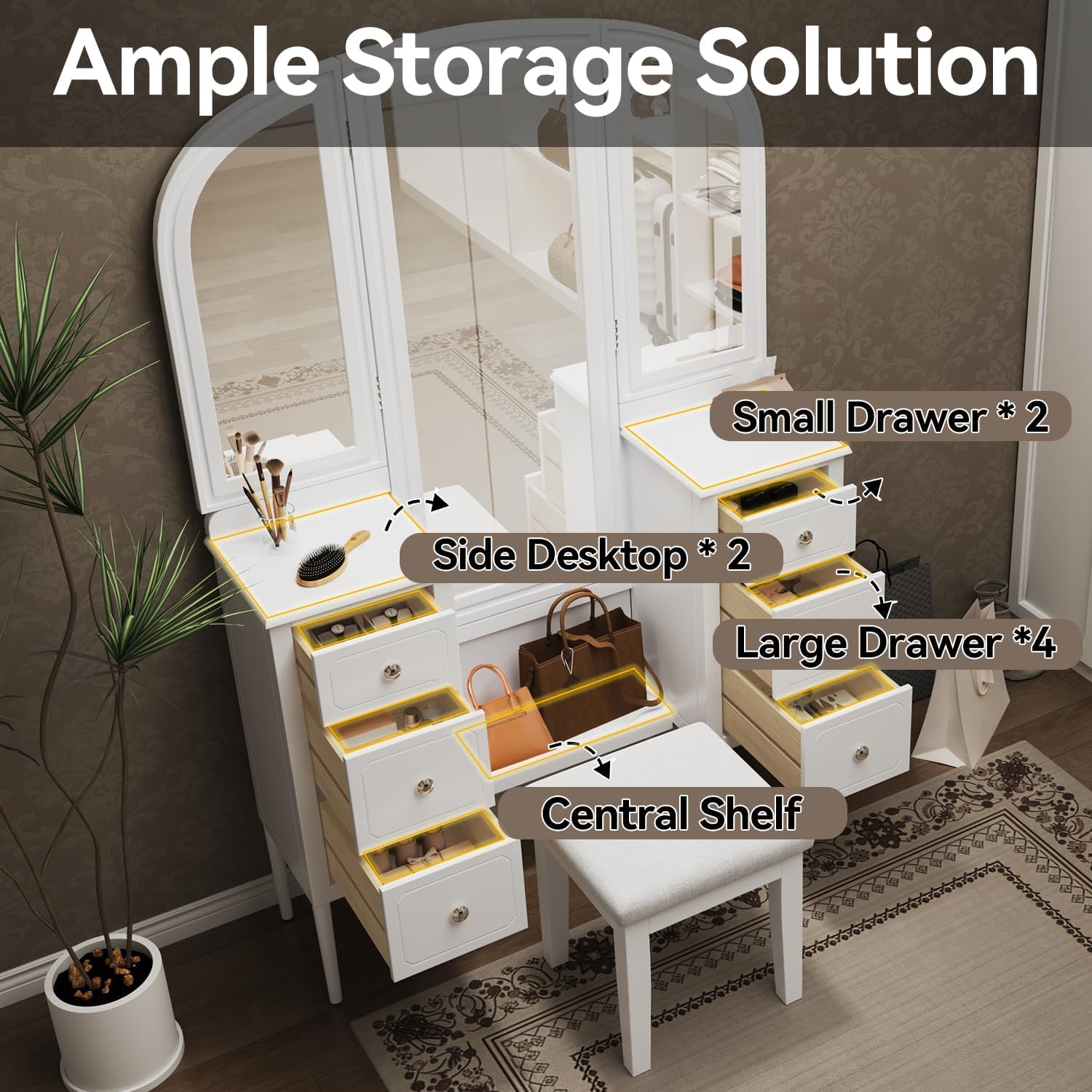 Merax Antique Vanity Desk with Triple Mirror, 46' Makeup Vanity Set with Cushioned Stool, Large Dressing Table with 6 Storage Drawers for Bedroom Dressing Room, White