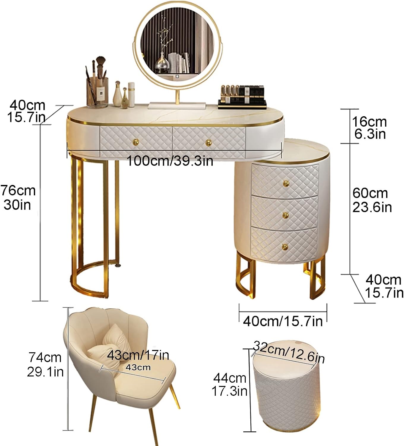 Corner Makeup Table Set Makeup, Women Dresser Table Vanity with 5-6 Drawers, Vanity Dressing Table with 360° Rotating Mirror, Makeup Vanity Benches Vanity Desk ，100cm White Petal Chair