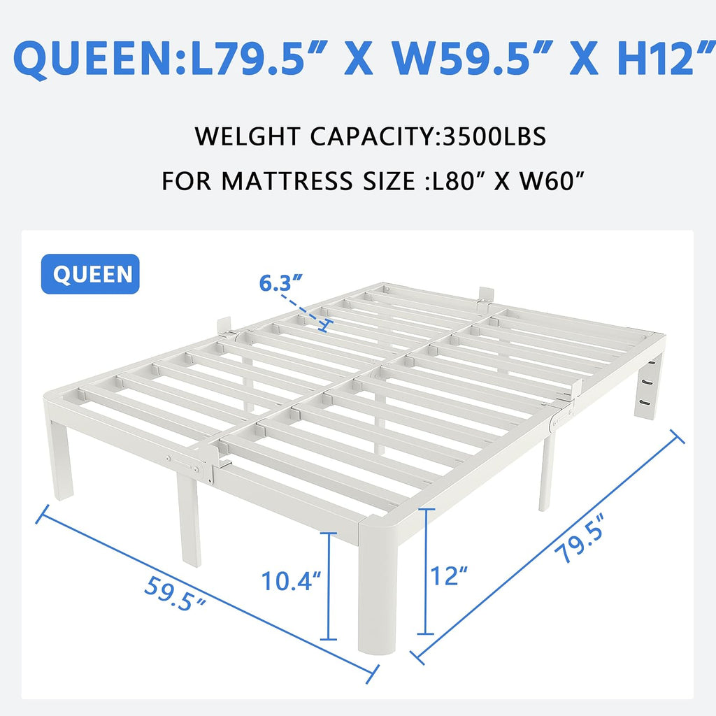 White Bed Frame Queen Size 12 Inch, Metal Queen Bed Frame No Box Spring Needed, Heavy Duty Steel Support 3500 LBS, DIY Headboard, Noiseless, Round Corner Legs, Storage Space, Easy Assembly